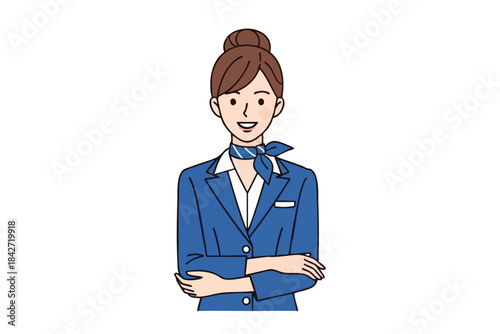 Smiling woman with bun, blue suit, scarf, arms crossed, on white background