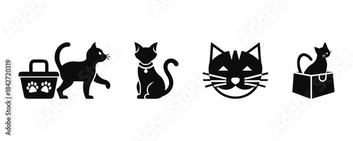 Solid black cat icon set isolated on white background. Walking cat with basket, sitting cat silhouette, round cat face with whiskers, cat inside box. Bold filled shapes, playful pet symbols.