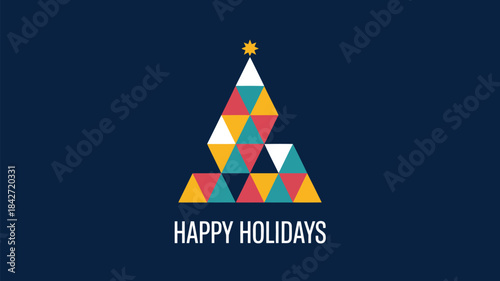 Modern geometric happy holidays greeting card featuring a colorful triangle Christmas tree with a star topper on a dark background for festive seasonal wishes