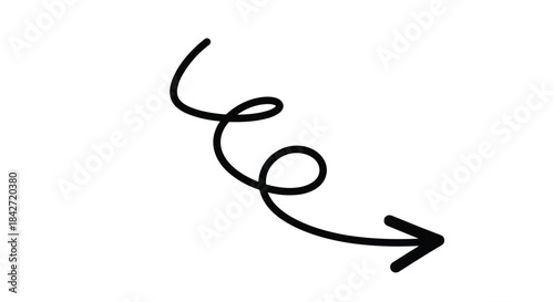 A hand-drawn black spiral arrow, resembling a curly line, points downwards and to the right on a clean white background.