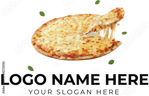 Food logo vector with pizza box, burger, fries, drink, grapes, strawberries in circular layout around blank center