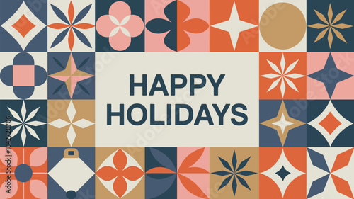 Modern geometric happy holidays greeting card design featuring colorful retro-inspired tile patterns in warm festive tones surrounding bold seasonal lettering