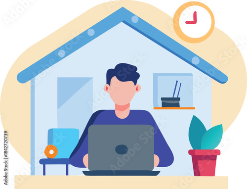 Work From Home Illustration: Remote Employee Telecommuting and Working Online on Laptop Inside House