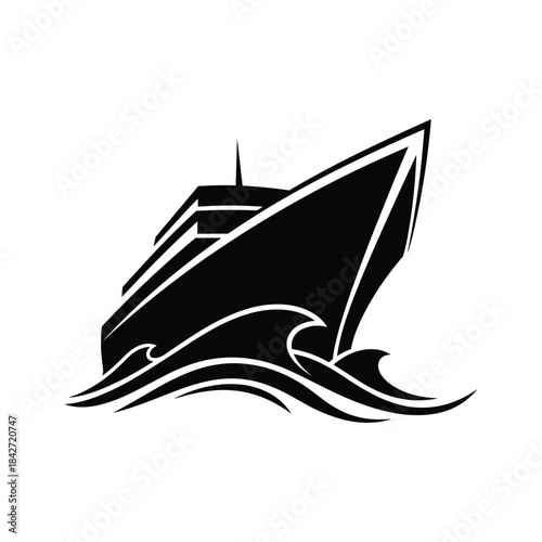Stylized black ship sailing on waves