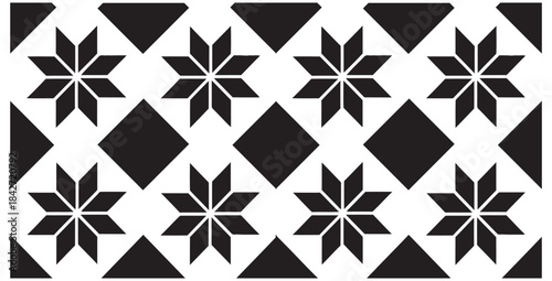 Seamless black and white geometric pattern featuring stylized eightpointed stars and diamond shapes