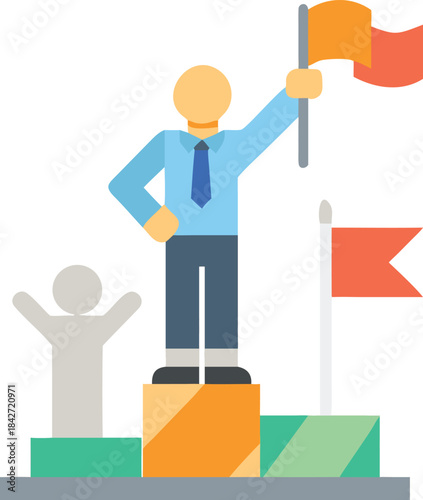 Business Success and Achievement Concept. Man Standing on Podium Holding Flag, Celebrating Victory and Leadership 