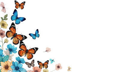 Vibrant butterflies and flowers create a beautiful corner border design on a black background