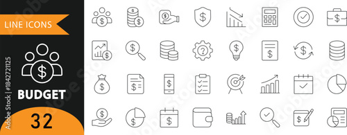 A vector set of 32 budget and finance line icons featuring money symbols, charts, calculators, reports, and planning tools. Ideal for financial presentations, business infographics, budgeting guides, 