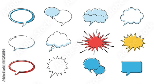 A collection of colorful hand-drawn speech bubbles, thought clouds, and burst shapes for comic book or communication design.