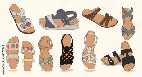 An assortment of fashionable women's flat sandals, showcasing different strap styles, closures, and embellishments for diverse summer looks.