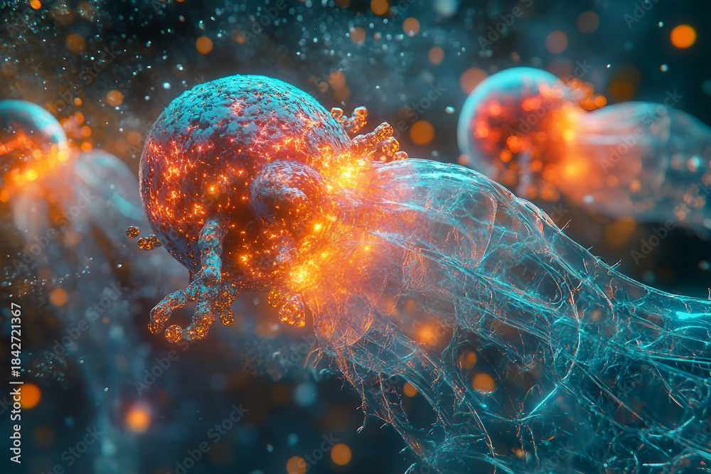 Naklejka premium Microscopic view of futuristic nanotechnology in medical environment with glowing neural connections, generative ai