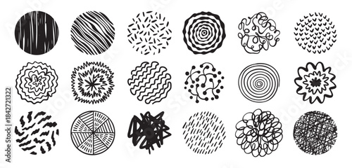 Round abstract hand drawn shapes with pattern set. Doodle element, modern trendy circles for poster, social media, print.