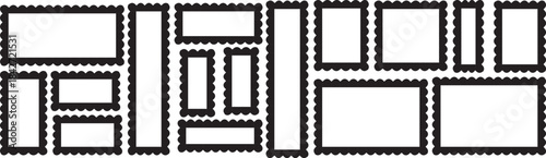  Frame with scalloped borders. Postage Stamps in flat design. vector photo frames, text boxes, tags, labels. Vector groovy shapes set. zigzag Wave and curvy borders.