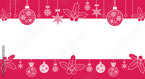 Elegant PINK Christmas border background with white center space, gold hanging ornaments, snowflakes, stars and holly leaves; festive holiday template for greeting cards, invitations and seasonal