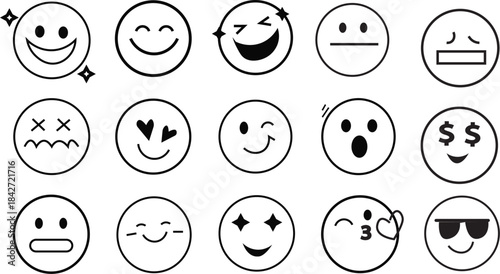 . Emoji icon collection containing happy emotion, sad, smiling, surprised, angry, relaxed, confused, laughing, excited and shockedVector outline illustration