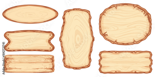 Collection of whimsical wooden boards with rounded edges, light wood surface, darker outline, and simple shading.
