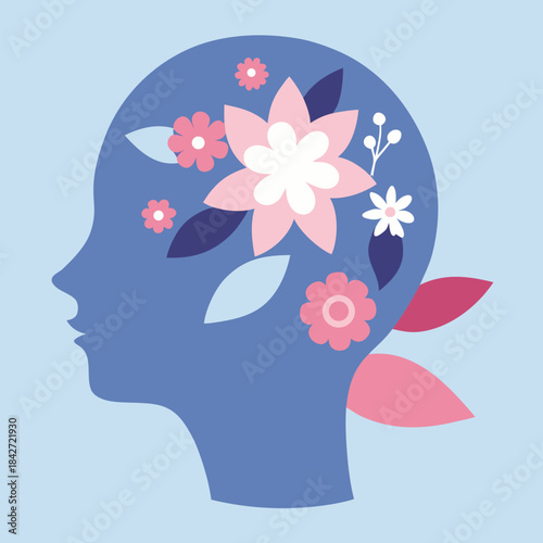 Floral thoughts inside a woman's head silhouette representing mental well-being and nature connection
