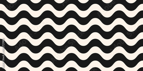 Simple vector seamless pattern with horizontal wavy lines, bold stripes, liquid shapes. Black and white abstract waves texture. Monochrome background. Repeated geo design for print, decor, embossing