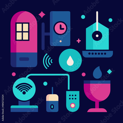 A collection of modern flat icons representing smart home automation and internet of things