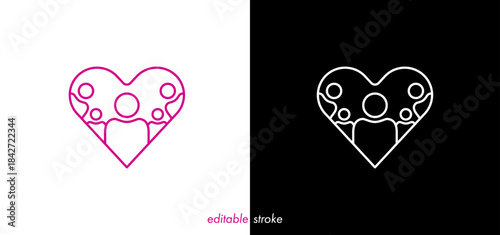 Editable stroke heart with patient persons, family, kids icon vector design to use for healthcare, healthy lifestyle, healthy family, medical laboratory, cardiology project.