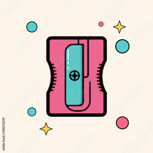 Halftone pop art retro pink and blue pencil sharpener with abstract shapes, vector illustration
