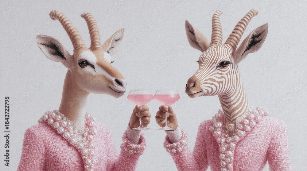 Fototapeta premium Elegant gazelle and zebra-like animals in tweed and pearls clinking pink cocktails with sophistication