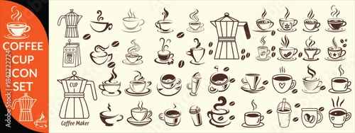 Coffee cup icon. Set of vector cups with coffee. Coffee cup big set design.