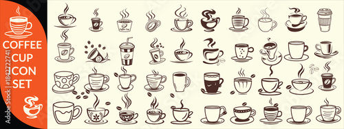 Coffee cup icon. Set of vector cups with coffee. Coffee cup big set design.