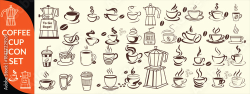Coffee cup icon. Set of vector cups with coffee. Coffee cup big set design.