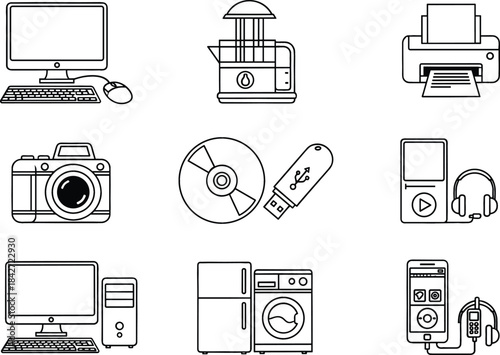 Black and white line art vector icon set of various modern electronics and home appliances including computers, printers, and cameras