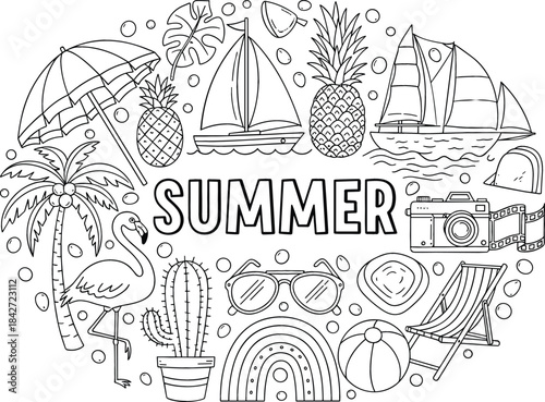 Black and white line art vector doodle collection featuring various summer vacation objects like palm trees, sunglasses, sailboats, and beach items