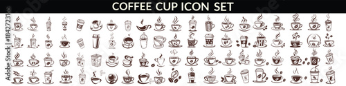 Coffee cup icon. Set of vector cups with coffee. Coffee cup big set design.