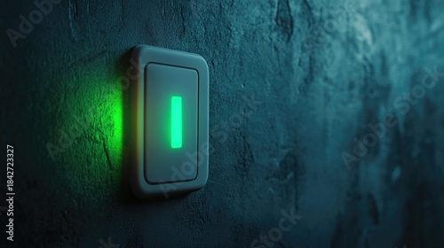 A modern light switch with a glowing green indicator, set against a dark wall