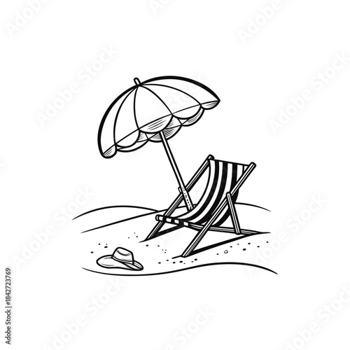 A striped beach chair and umbrella with a hat on the sand isolated on white background silhouette
