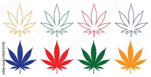 Collection of eight colorful cannabis marijuana leaf icons featuring both outline and solid silhouette styles