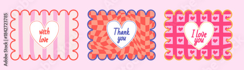 Collection of Valentine's Day Greeting Cards. Y2k Background. I Love You. Templates for Celebration, Branding, Cover. Vector Illustration.