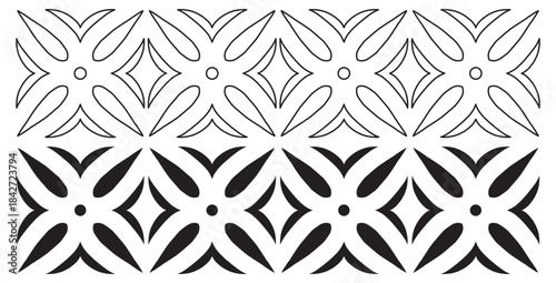 Black and white seamless geometric pattern design featuring stylized floral or leaf motifs for textile printing
