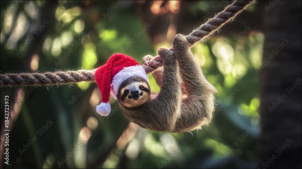 Naklejka premium Sloth wearing Santa hat hanging on rope in jungle for Christmas and holiday concept