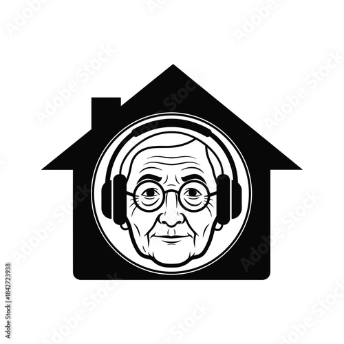 Old man listening to music at home