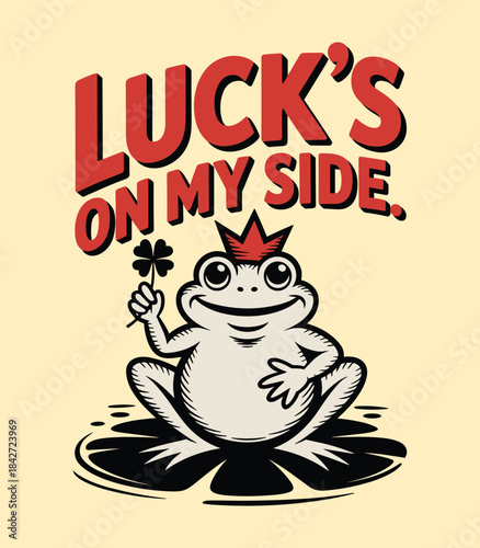 Lucky Frog Illustration: Good Fortune Clover & Prosperity Charm Art t-shirt design