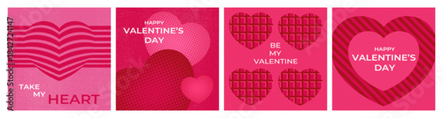 Valentine cards with geometric halftone and striped hearts. Love card, cover, template. Vector illustration