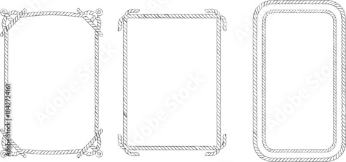 Collection of three decorative nautical rope vector frames with varying knots and double borders for marine, sailing, and sea-themed designs