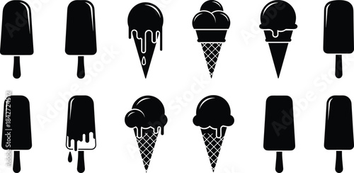 Ice cream silhouette vector set with popsicles, melting cones, gelato scoops, summer dessert icons, sweet treat graphic illustration collectionV
