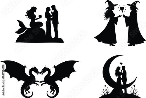 Fantasy romance silhouette vector set featuring mermaid lovers, wizard couple, dragon symbols, moon love scene, magical artwork and fairy-tale illustration elements
