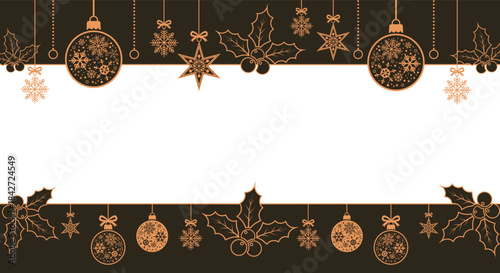 Elegant black Christmas border background with white center space, gold hanging ornaments, snowflakes, stars and holly leaves; festive holiday template for greeting cards, invitations and seasonal