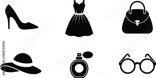 Fashion accessory silhouette vector set featuring dress, handbag, high heel shoe, hat, perfume bottle, and eyeglasses for stylish design artwork