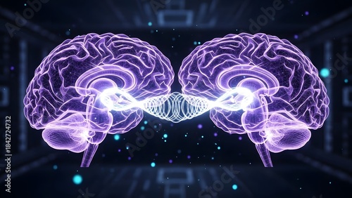 Two glowing human brains connecting through an abstract, swirling energy in futuristic setting