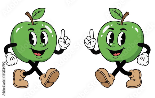 Whimsical animated two red apple character walking with a happy expression and a raised index finger	