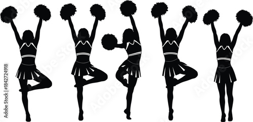 Cheerleader silhouette vector illustration set showing dance poses with pom-poms for sports team spirit performance, athletic choreography design artwork