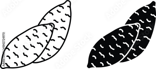 Sweet potato vector illustration set with black and white silhouette tubers for organic food design, agriculture labeling, farm market artwork